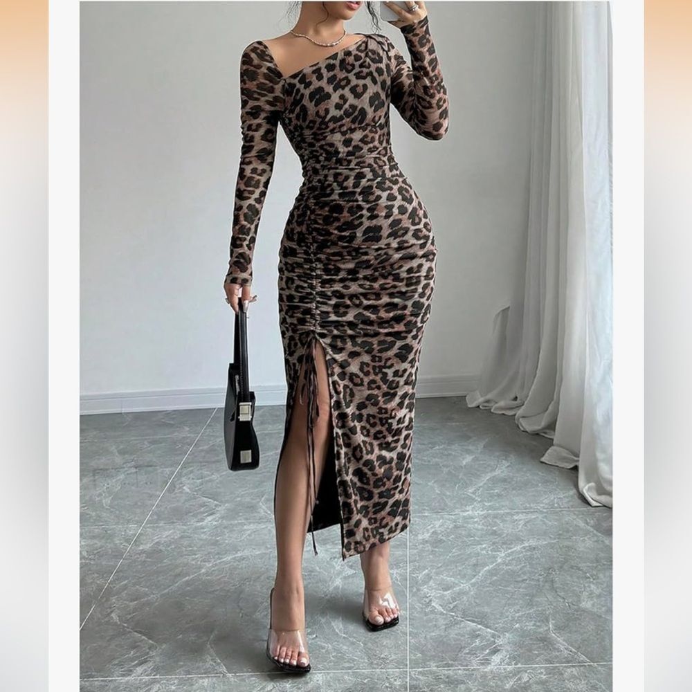 New Leopard print Asymmetrical Bodycon midi dress